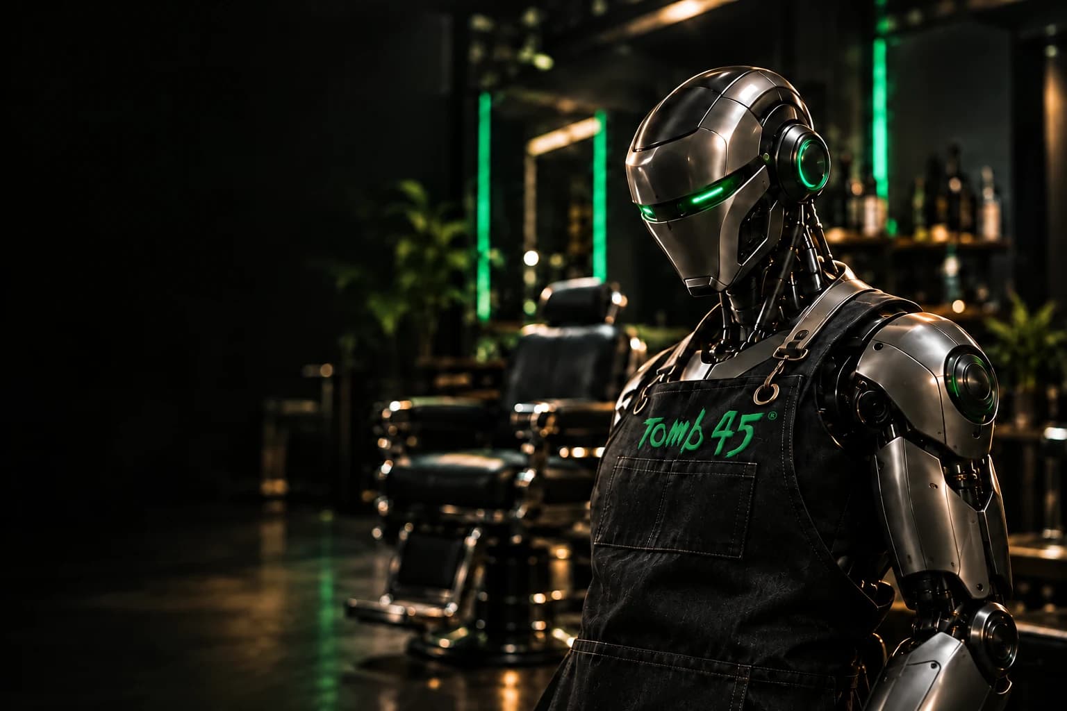 The Upgrade robot barber wearing a Tomb45 apron